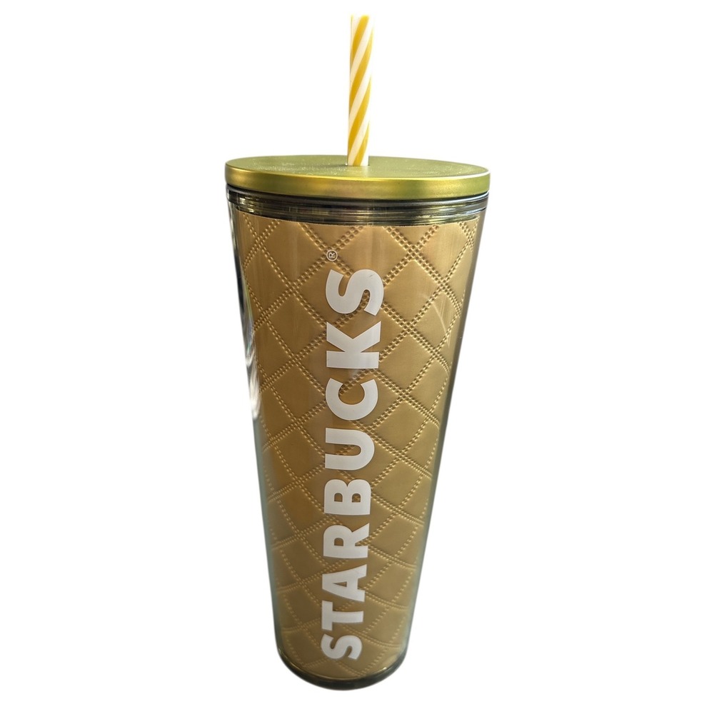 Starbucks 2024 Holiday Metallic Gold Quilted Venti Cold Cup Tumbler, 24 oz